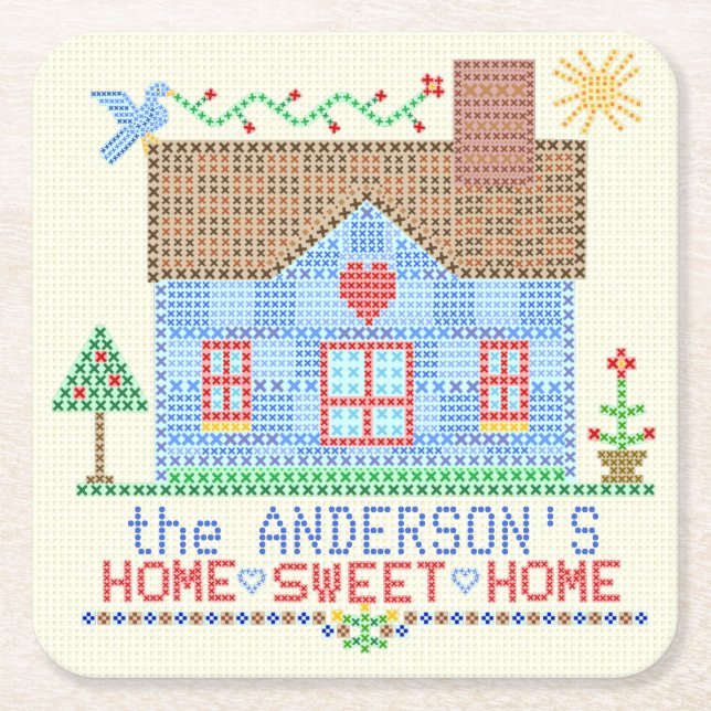 Home Sweet Home Cross Stitch House Personalised Square Paper Coaster (Front)