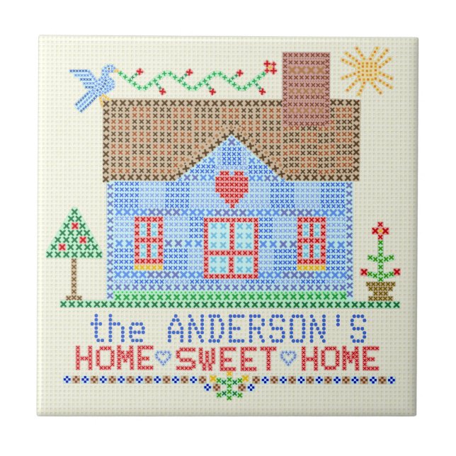 Home Sweet Home Cross Stitch House Personalised Tile (Front)