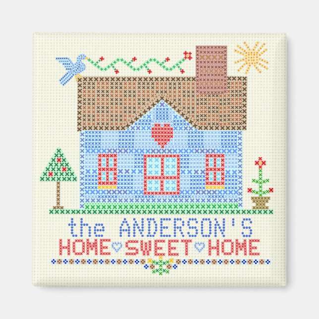 Home Sweet Home Cross Stitch House Personalised v2 Magnet (Front)
