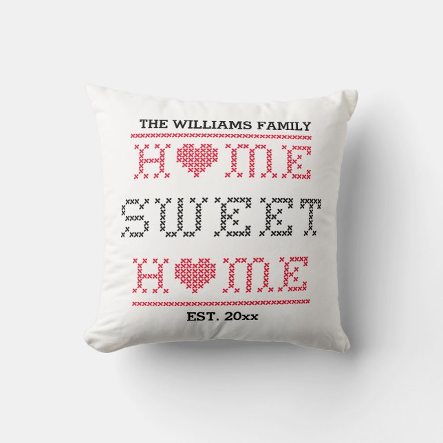 Home Sweet Home Cross Stitch Monogram Black & Red Cushion (Front)