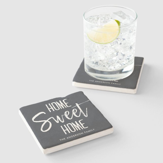 Home Sweet Home | Custom Family Name Grey Stone Coaster (Side)