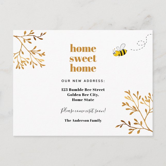 Home sweet home cute bumble bee moving announcement postcard (Front)