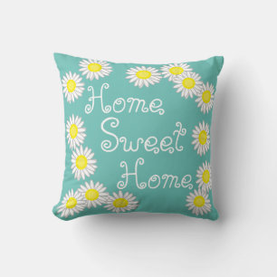 Home Sweet Home Daisy Teal Green White and Yellow Cushion
