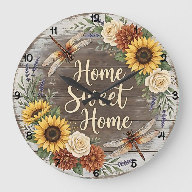 Home Sweet Home Dragonfly Floral Large Clock (Front)