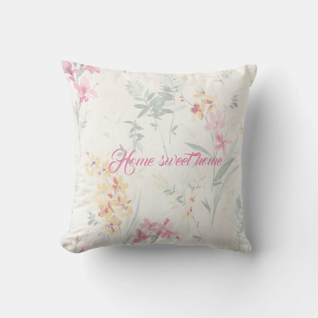 Home sweet home floral boho pink yellow teal cushion (Front)