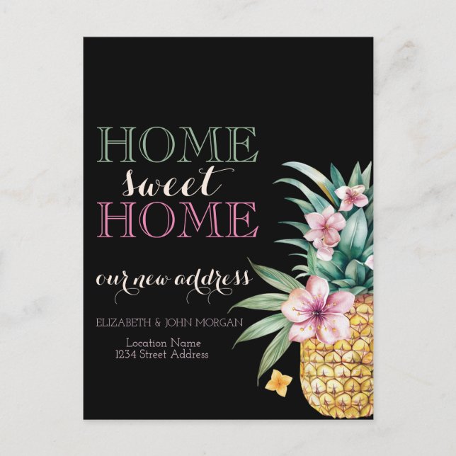 Home Sweet Home,Floral Pineapple,Black New Address Announcement Postcard (Front)