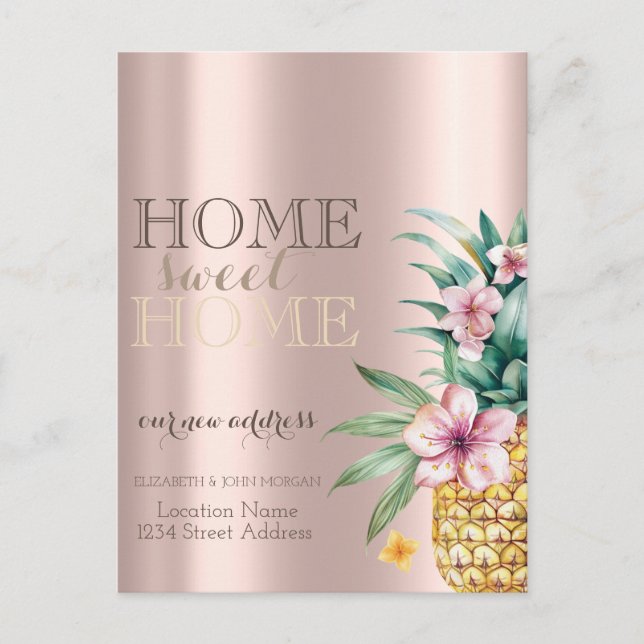 Home Sweet Home,Floral Pineapple,Rose Gold  Announcement Postcard (Front)
