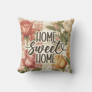 Home Sweet Home Floral Rose Gingham Housewarming Cushion
