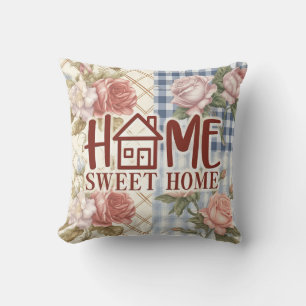 Home Sweet Home Floral Rose Gingham Housewarming Cushion