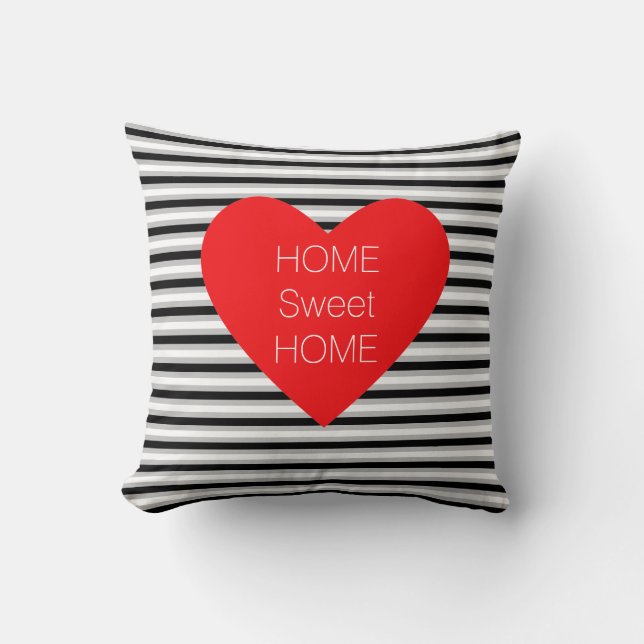 Home Sweet Home Heart on Black White Striped Cushion (Front)