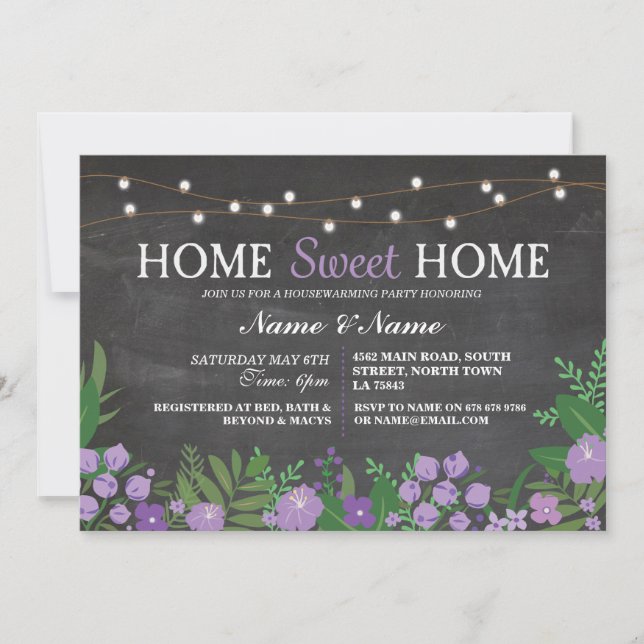 Home Sweet Home Housewarming Chalk Floral Invite (Front)