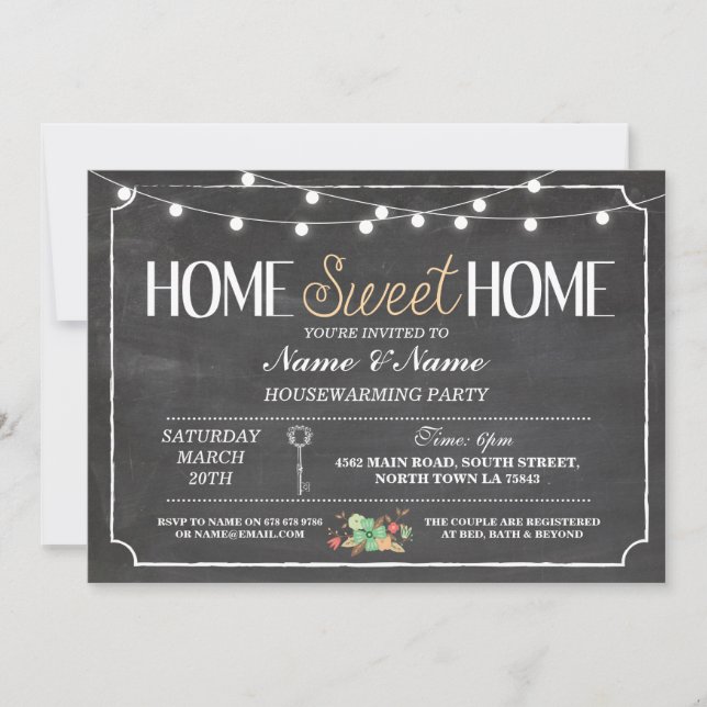 Home Sweet Home Housewarming Chalkboard Key Invite (Front)