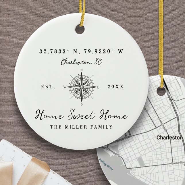 Home Sweet Home Latitude Longitude Personalised Ceramic Tree Decoration (Home Sweet Home Ornament Latitude and Longitude Coordinates Personalized Address Custom Location)