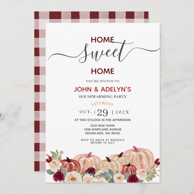Home Sweet Home Marsala White Pumpkin Flowers  Invitation (Front/Back)