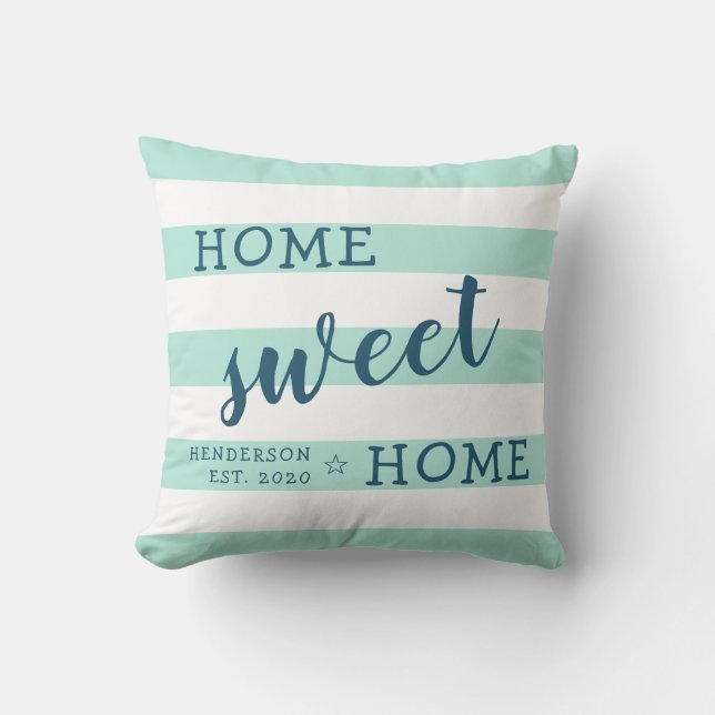 Home Sweet Home Personalised Striped Mint Green Cushion (Front)