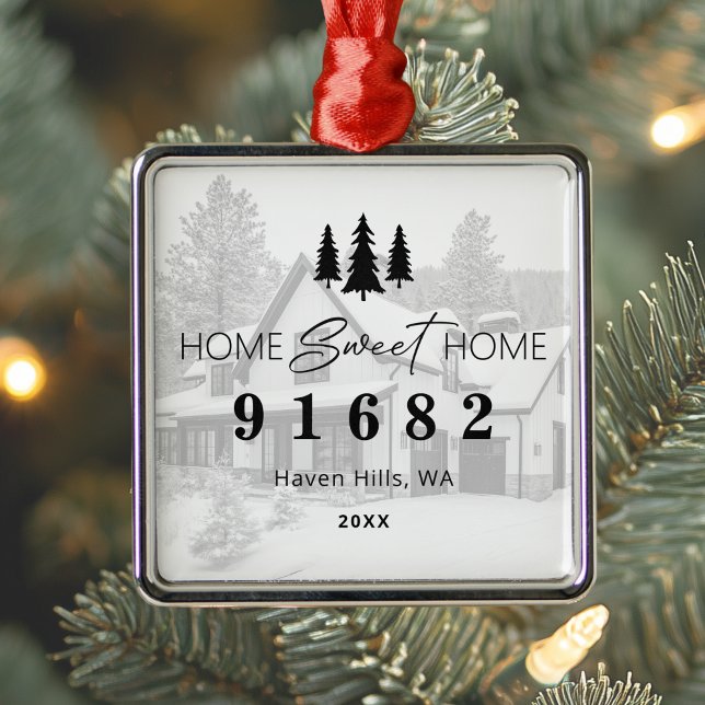 Home Sweet Home Photo Zip Code Metal Tree Decoration (Shown on a Premium Square Ornament)