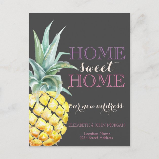 Home Sweet Home, Pineapple Grey New Address Announcement Postcard (Front)