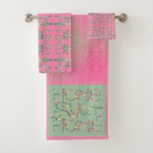 "Home Sweet Home" Pink and Green Bath Towel Set (Insitu)
