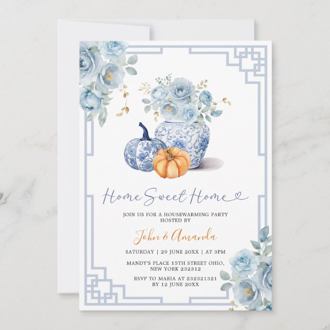 Home Sweet Home Pumpkin Blue Peony Chinoiserie Jar Invitation (Front)