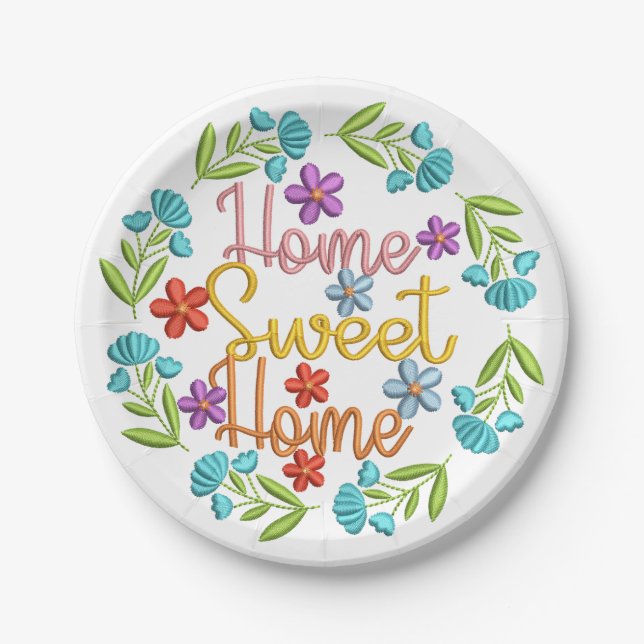 Home Sweet Home Quote Beautiful Colour Flowers Paper Plate (Front)