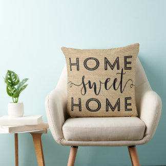 Home Sweet Home Rustic Burlap Typography Cushion
