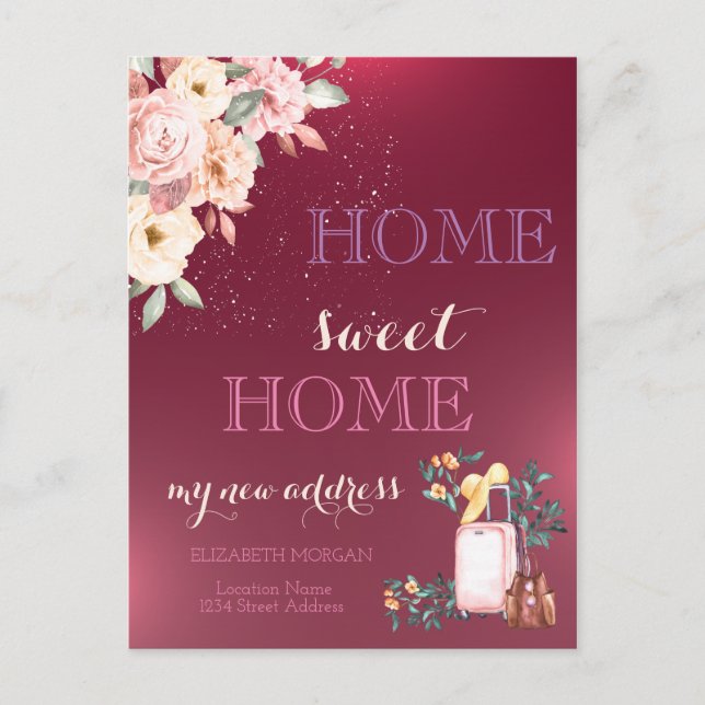 Home Sweet Home,Suitcase Floral New Address Announcement Postcard (Front)