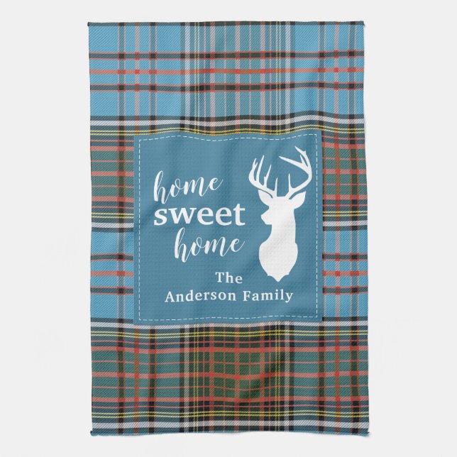 Home Sweet Home Tartan Anderson Plaid Personalised Tea Towel (Vertical)