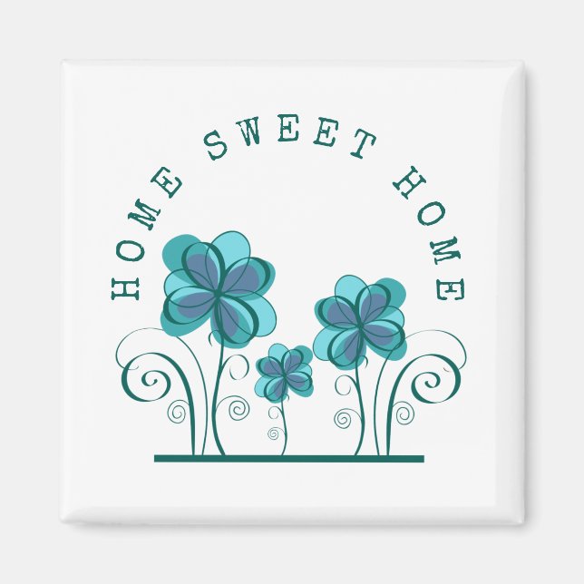 Home Sweet Home Teal Watercolor Florals Text Magnet (Front)