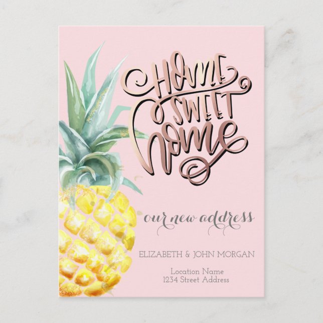 Home Sweet Home,Watercolor Pineapple New Address Announcement Postcard (Front)