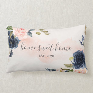 Home Sweet Home Watercolor Pink Navy Pillow