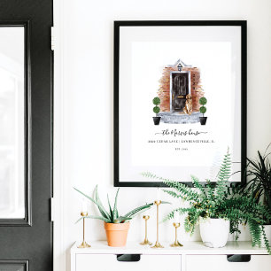 Home Sweet Home Watercolor Red Brick & Black Door Poster