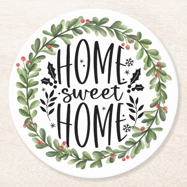 Home Sweet Home Watercolor Wreath Round Paper Coaster (Front)