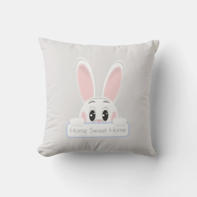 Home Sweet Home White Bunny on Light Grey Cushion (Front)