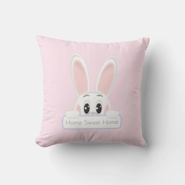 Home Sweet Home White Bunny on Light Pink Cushion (Front)