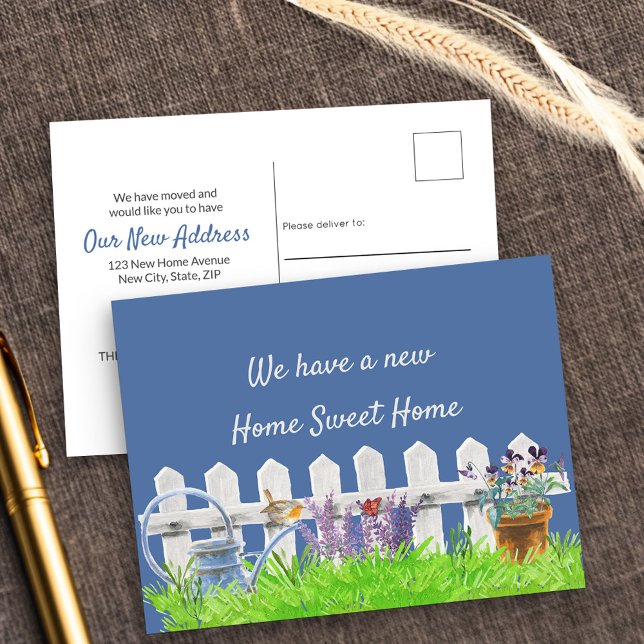 Home Sweet Home White Picket Fence Our New Address Announcement Postcard (New Address postcard with country garden scene)
