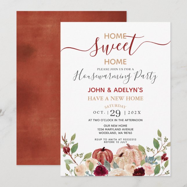 Home Sweet Home White Pumpkin Floral Burgundy Invitation (Front/Back)