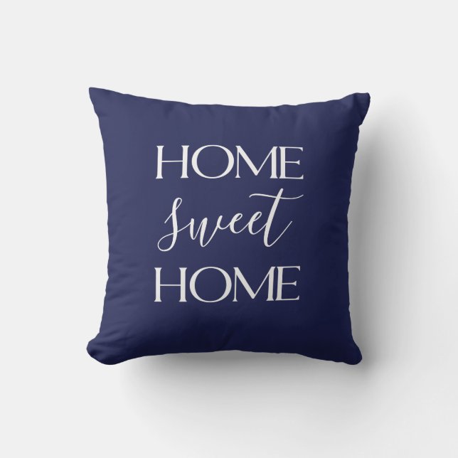 Home Sweet Home White Typography Navy Throw Pillow (Front)