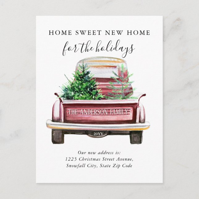 Home Sweet New Home Red Truck Holiday Moving Announcement Postcard (Front)
