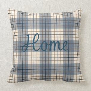 Home & Sweet on Plaid Blues Brown Cream Cushion
