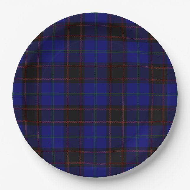 Home tartan blue black plaid paper plate (Front)