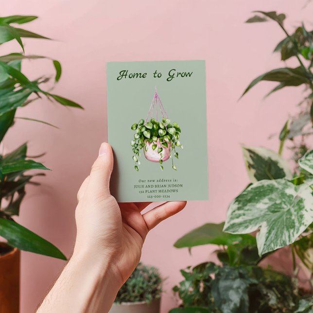 Home to Grow New Address Announcement (“Home to Grow” moving announcement card. Watercolor illustration of a pink hanging plant pot.)