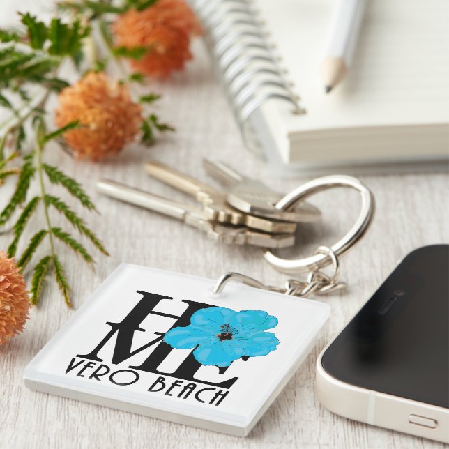 HOME Vero Beach Florida Blue Hibiscus  Key Ring (Front Right)