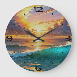 Home Wall Breathtaking Sunset Ocean Waves Clouds   Large Clock