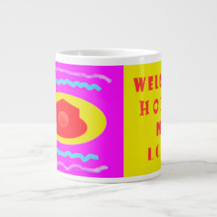 Home welcome with love great pink and brite yelow large coffee mug