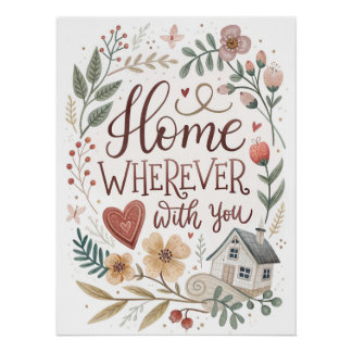 Home Wherever I'm With You – Romantic Floral Quote Poster