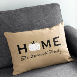 Home White Pumpkin Personalised Last Name Fall Lumbar Cushion<br><div class="desc">Welcome guests to your home this fall with an inviting personalised lumbar rectangle throw pillow. The simple and stylish typography design features "Home" wording with elegant custom script text for your family name and a white harvest pumpkin accent. Includes a neutral tan,  black,  white,  and green colour scheme.</div>