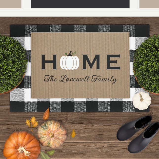 Home White Pumpkin Rustic Tan Family Name Doormat (Creator Uploaded)