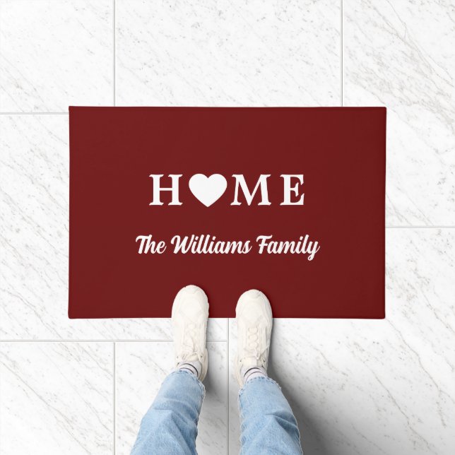Home with Heart & Name Red Doormat (Indoor)