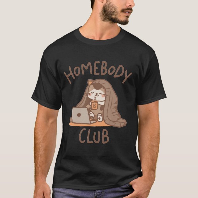 Homebody Club Cat - Cozy Laptop & Coffee T-Shirt (Front)