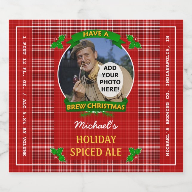 Homebrewing Brew Christmas Red Plaid Custom Photo Beer Bottle Label (Single Label)
